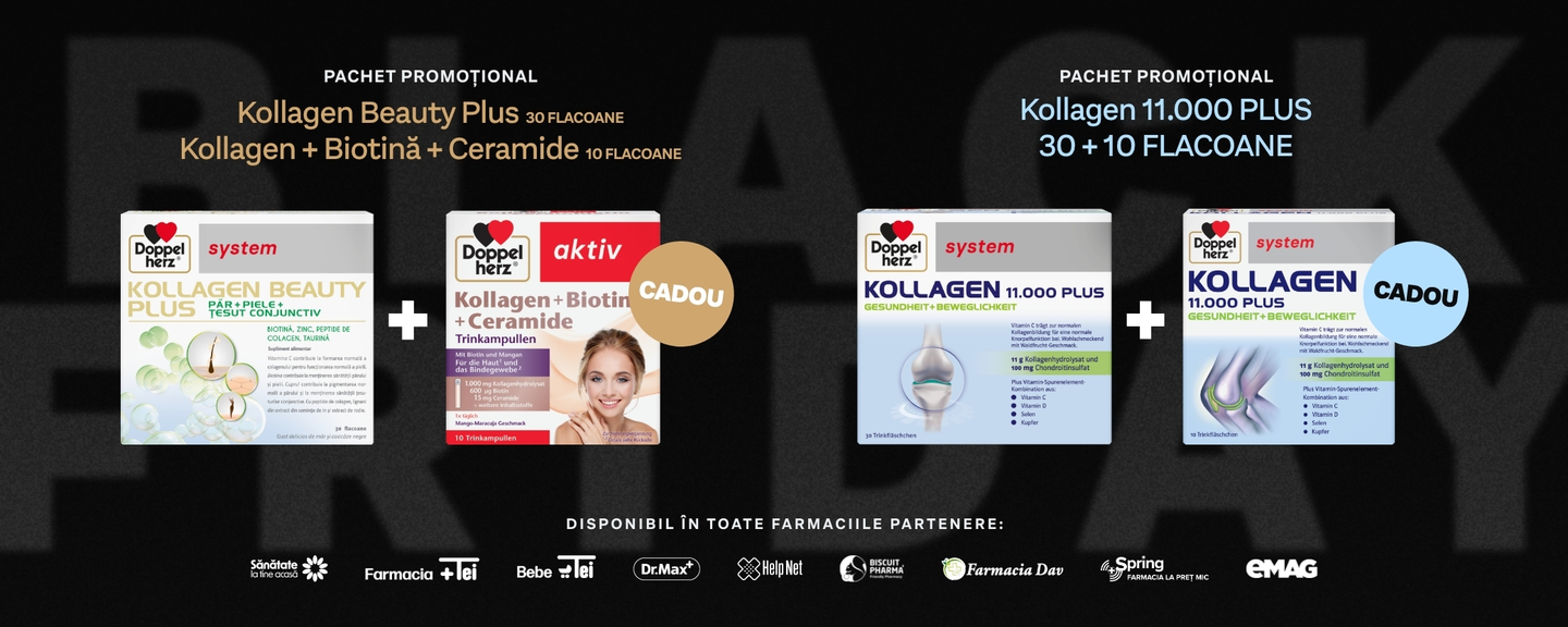 Imaginea prezintă oferte promoționale pentru produse de suplimente alimentare Doppelherz, incluzând Kollagen Beauty Plus și Kollagen 11.000 Plus, ambalate în flacoane. Produsele sunt menționate pentru îmbunătățirea sănătății pielii, părului și articulațiilor. Disponibile în farmacii partenere.