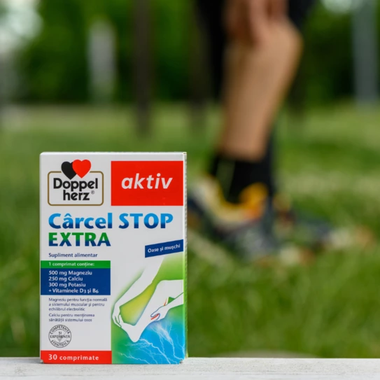 Cutie de supliment alimentar "Cârcel STOP EXTRA" de la Doppelherz, destinată sănătății oaselor și mușchilor, conținând 500 mg Magneziu, 250 mg Calciu, 300 mg Potasiu și vitaminele D3 și B6. Produsul este disponibil în ambalaj de 30 de comprimate.